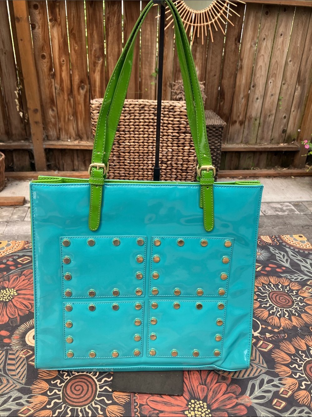 Chocolate New York Turquoise & Green Studded Patent Leather Tote